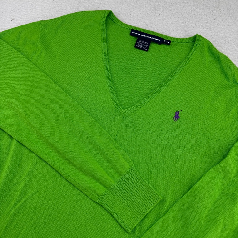 Vintage Ralph Lauren Sport Sweater Womens XL Lime Green V-Neck Lightweight Golf